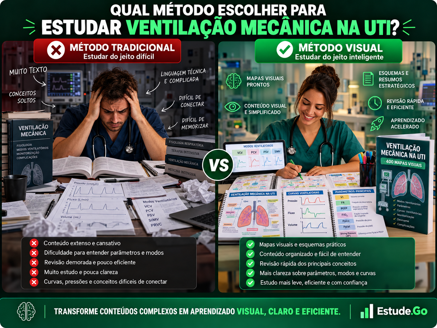 Comparativo entre o método tradicional e o método visual para estudar ventilação mecânica